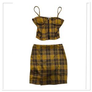 Plaid Bustier and Pencil Skirt Set in Mustard Yellow